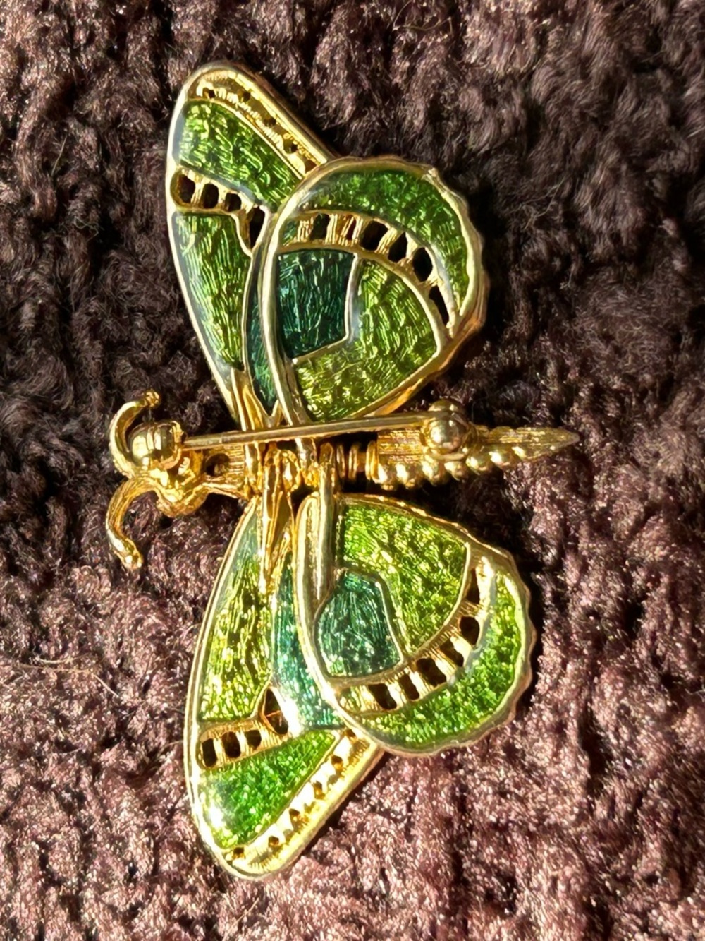 Green Enamel Butterfly Brooch - Gold Tone